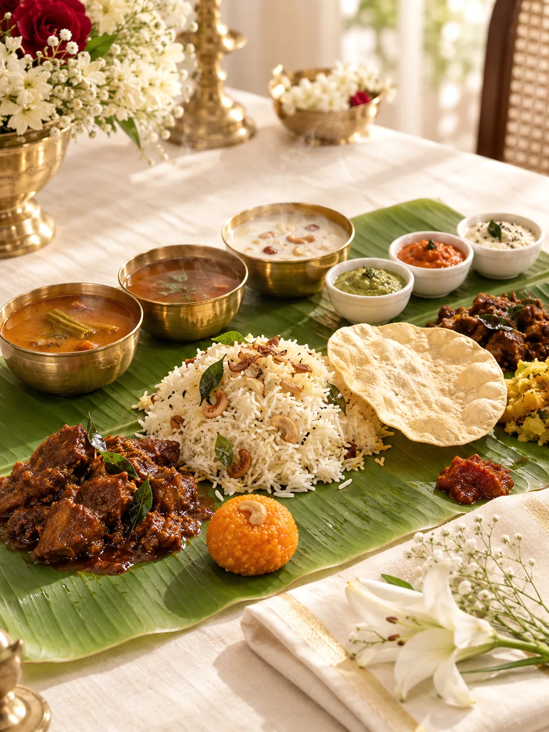 A South Indian celebration meal served on a banana leaf with brass bowls and white lilies