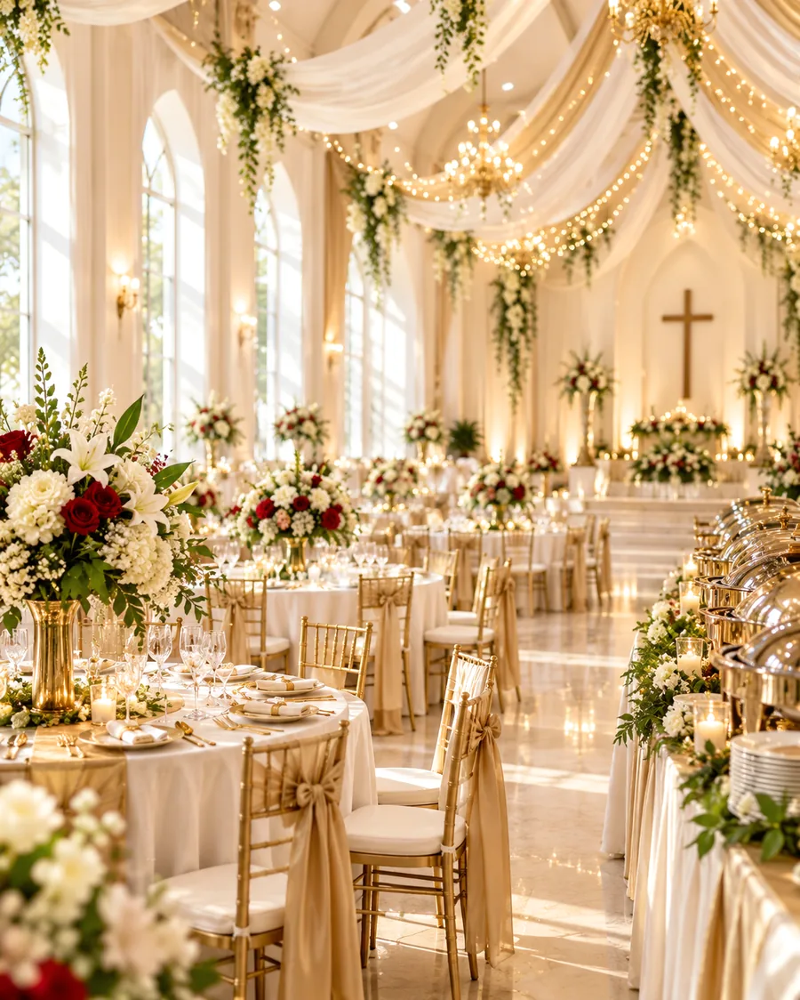 Wedding reception banquet hall set with gold and white