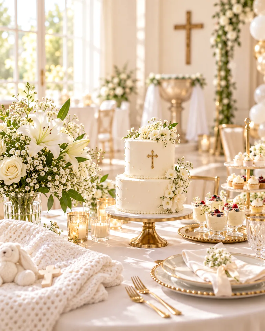 Christening celebration table with a white cake and lilies
