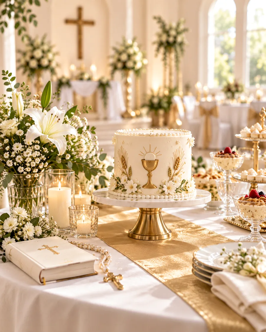 First Holy Communion table with a chalice and wheat decorated cake