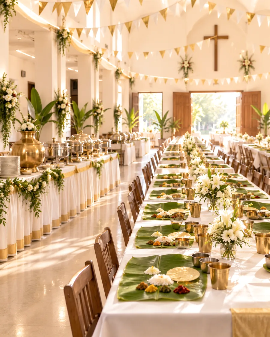 Parish hall set with long banana leaf tables for a feast day