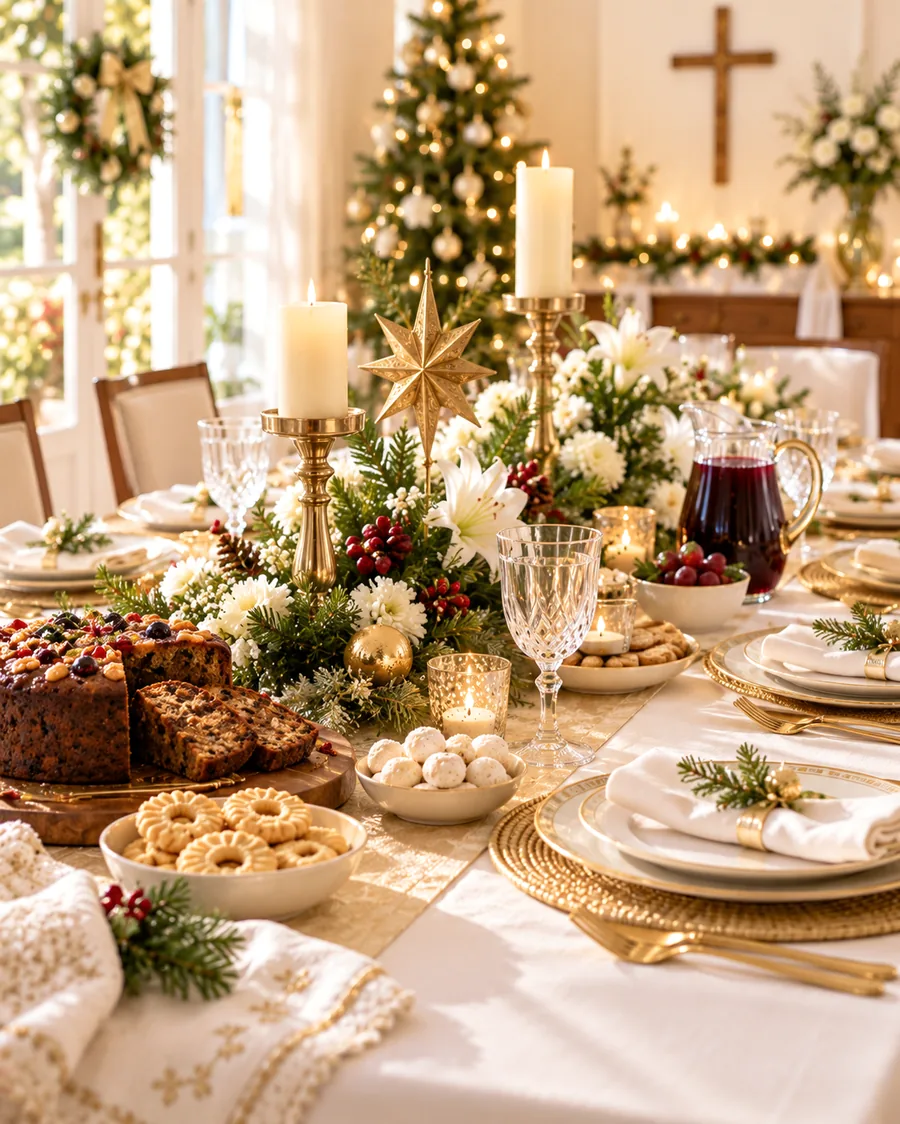 Christmas table with plum cake, candles and festive décor