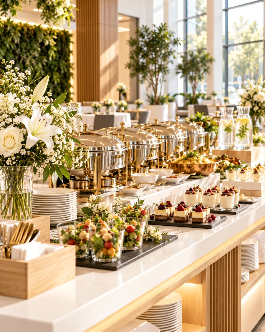 Corporate buffet counter in a bright office atrium
