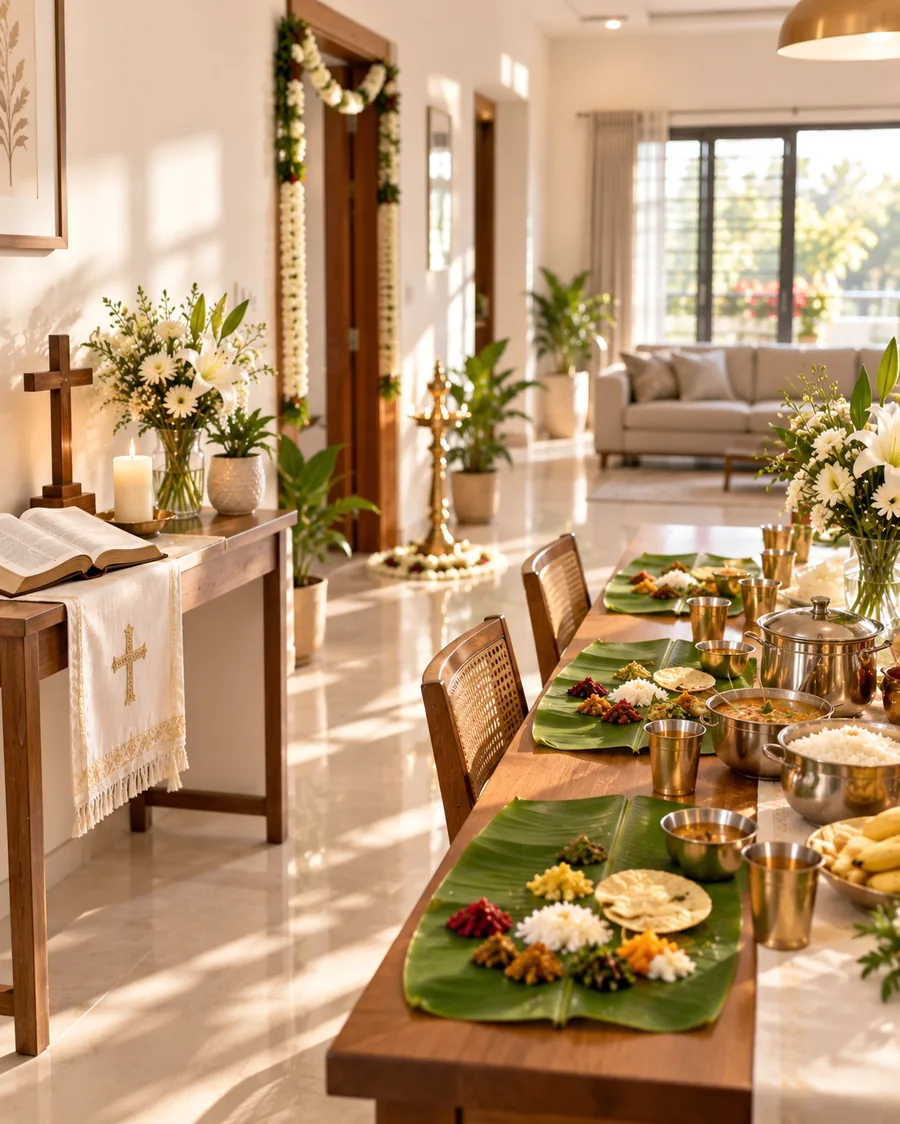 House blessing lunch laid on banana leaves in a bright home