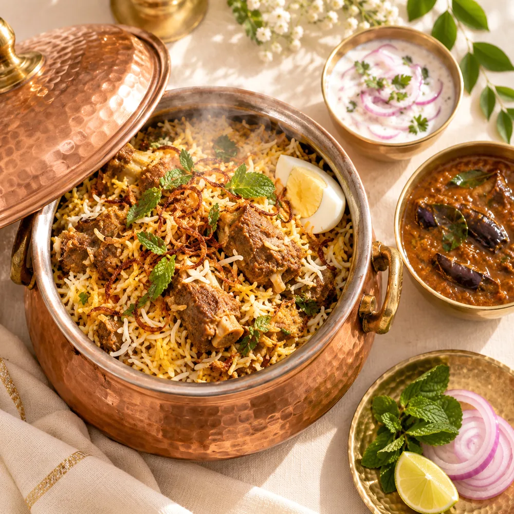Seeraga samba mutton biryani in a copper handi