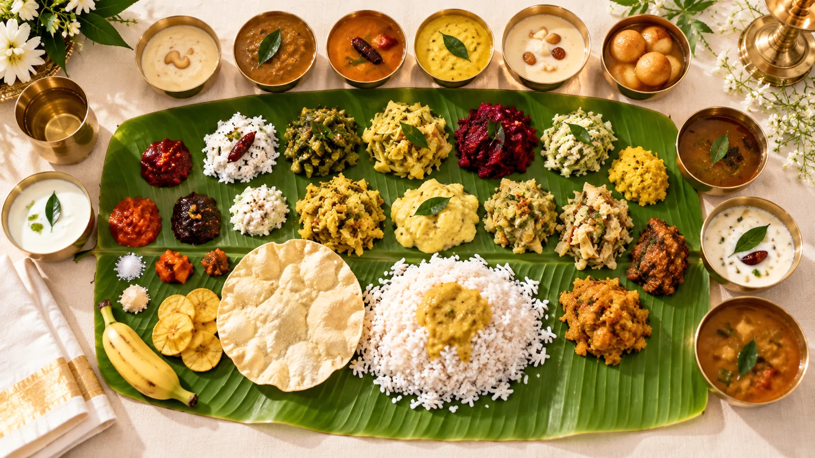 A full banana leaf feast photographed from above