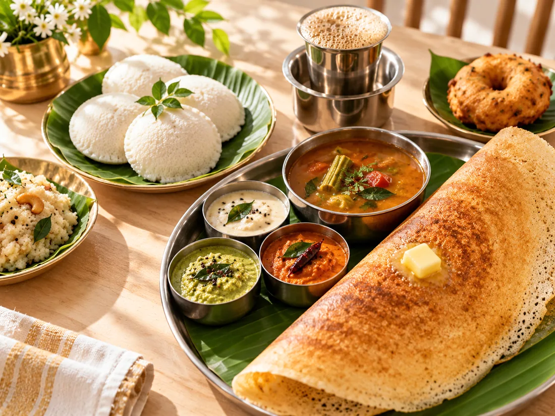 South Indian tiffin with idli, dosa and filter coffee