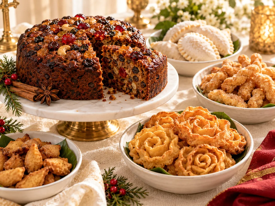 Christmas plum cake with rose cookies and kuswar
