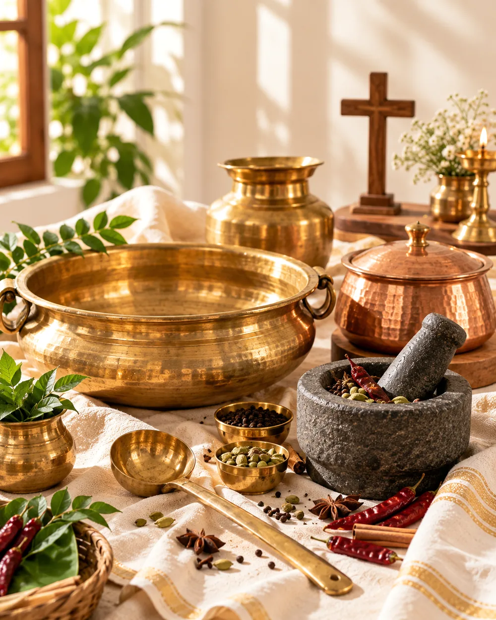 Traditional brass and copper cooking vessels with whole spices