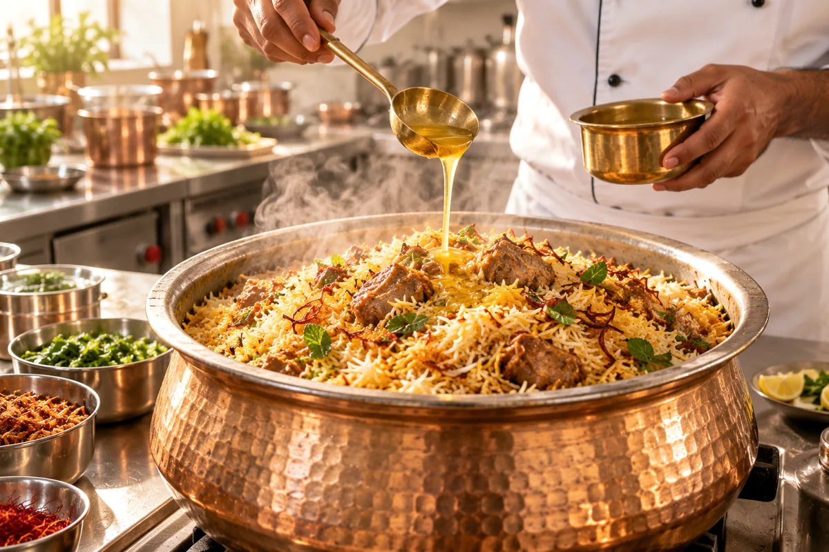 A chef pouring ghee over biryani in a copper handi