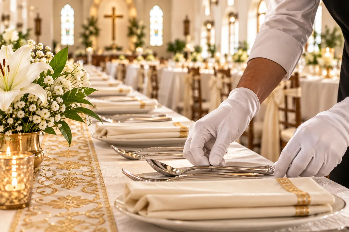 Gloved hands setting cutlery on a banquet table