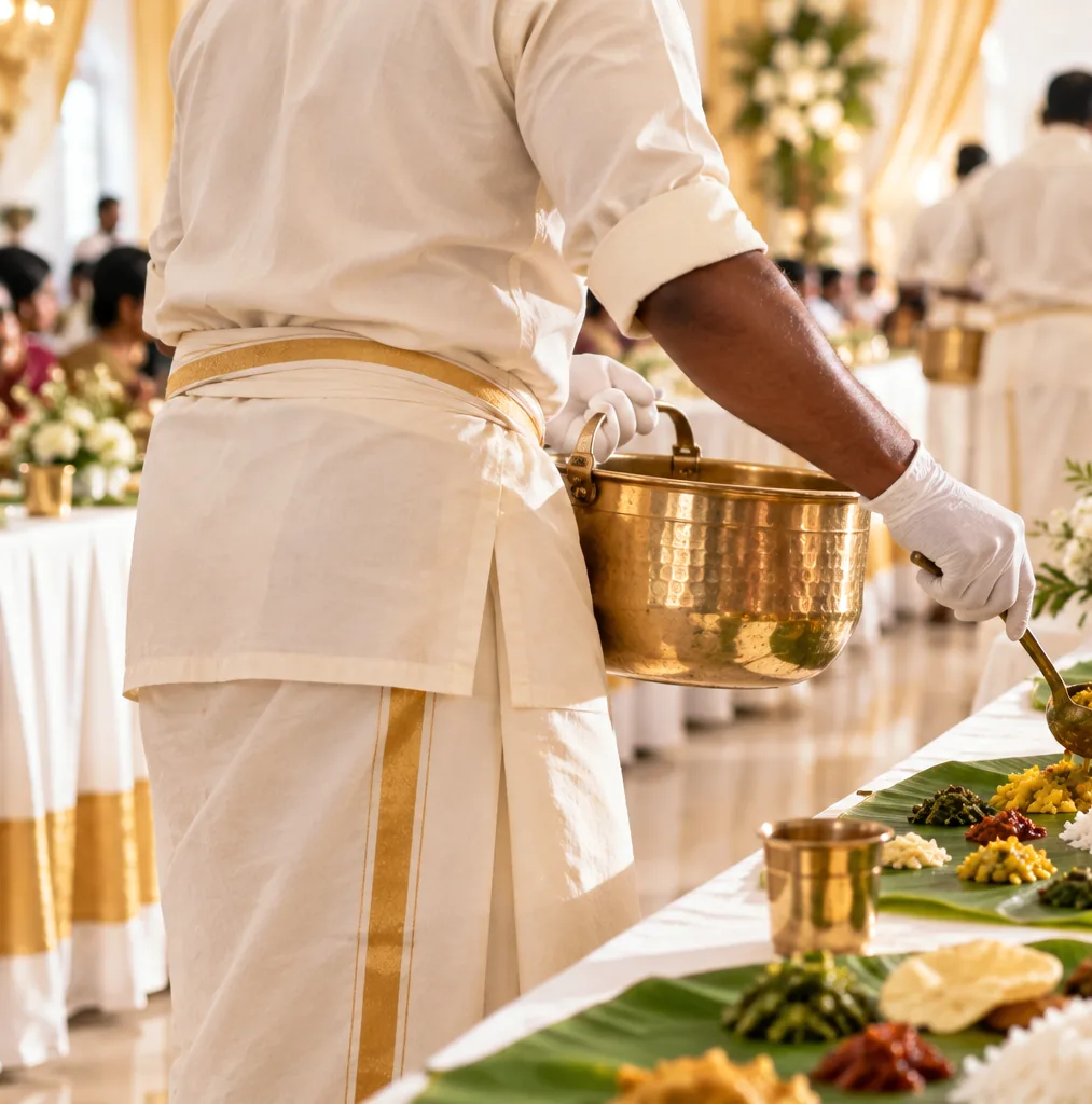 A server serving from a brass vessel onto banana leaves