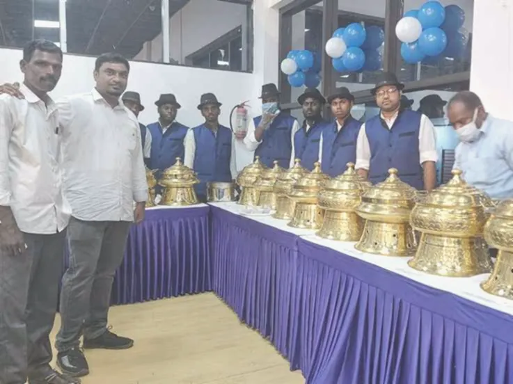 Brass serving vessels before service